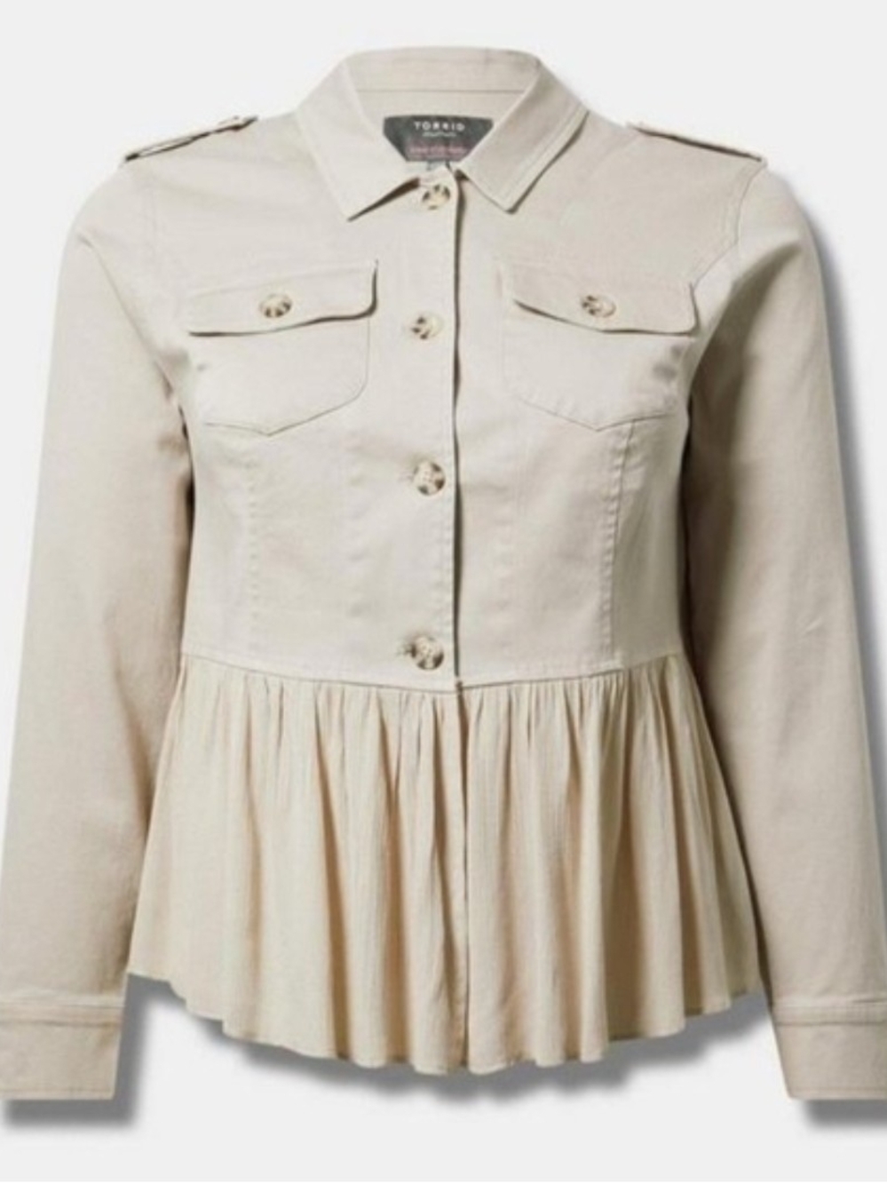 Torrid Beige Gauze Peplum Epaulet Utility Jacket Chest Pockets Button Front 4-4x